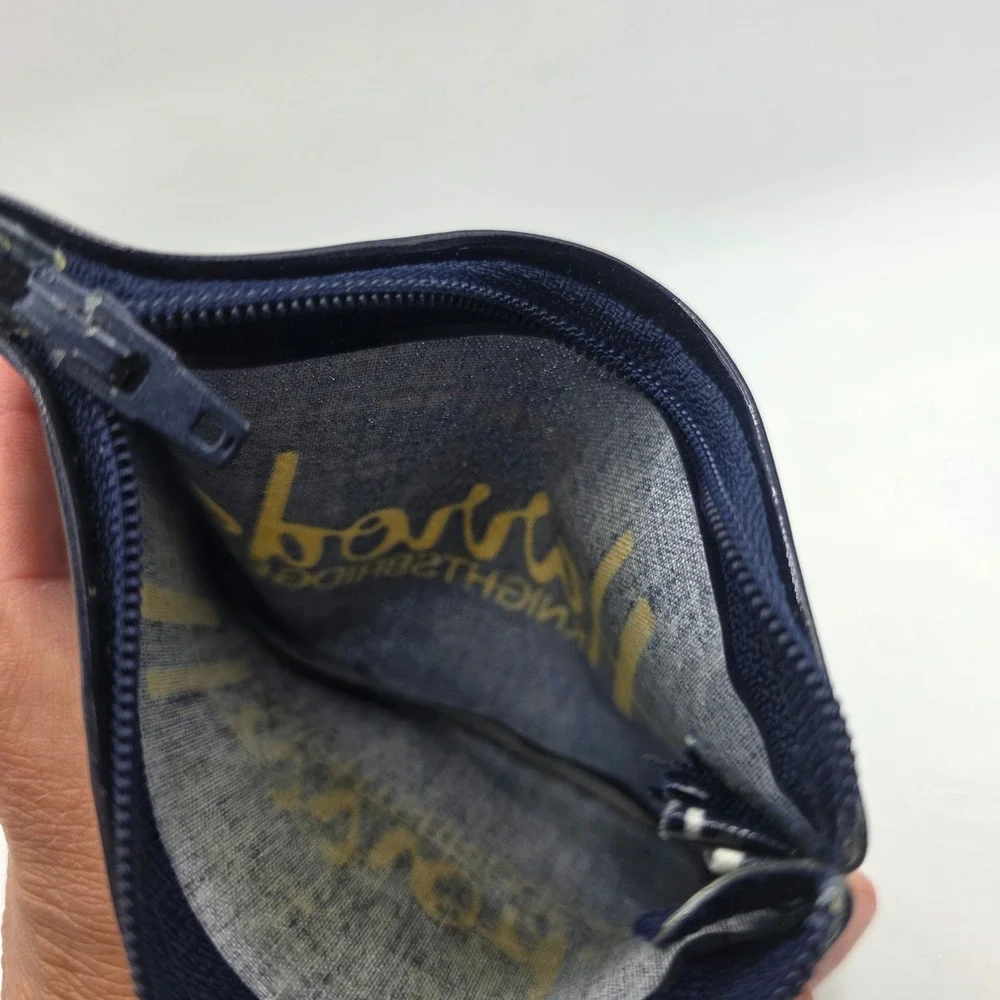 Harrods Knightsbridge‎ Small Zipper Pouch Navy Blue Gold Logo Coin Purse Bag